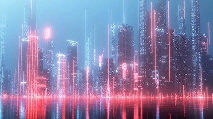 Poster - A modern city with glowing lines representing wireless network connections, symbolizing the evolution of technology and communication in urban spaces.