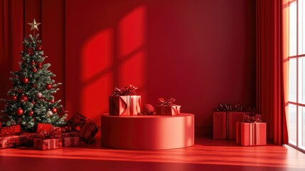 Poster - A red pedestal in a vibrant red room with Christmas-themed decorations, ideal for holiday ads or product displays in a Christmas context.