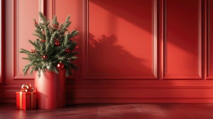 Poster - A red pedestal in a vibrant red room with Christmas-themed decorations, ideal for holiday ads or product displays in a Christmas context.