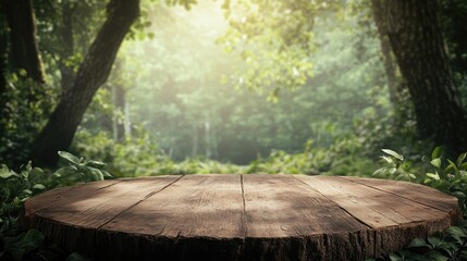Poster - A rustic wooden desk or stump in a lush green forest, surrounded by trees and nature, ideal for product display or promotional use in a peaceful setting.
