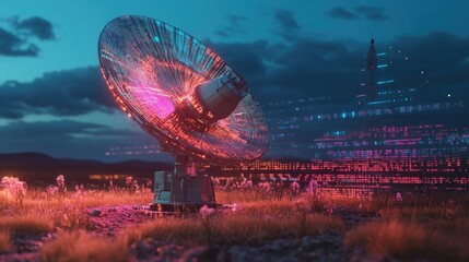 Poster - A signal antenna with a futuristic hologram of line data transmission, showcasing advanced telecommunication and broadcast technology.