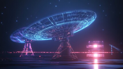 Poster - A signal antenna with a futuristic hologram of line data transmission, showcasing advanced telecommunication and broadcast technology.