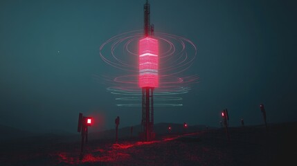Poster - A signal antenna with a futuristic hologram of line data transmission, showcasing advanced telecommunication and broadcast technology.