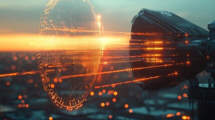 Poster - A signal antenna with a futuristic hologram of line data transmission, showcasing advanced telecommunication and broadcast technology.