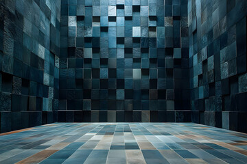 Poster - Dark blue cube room interior with tiled floor and walls.