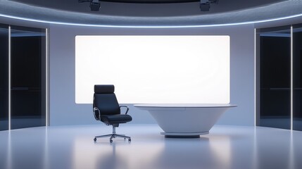 Poster - A sleek news studio scene with a black chair and white table, blank LED screen behind, creating a professional environment for interviews.