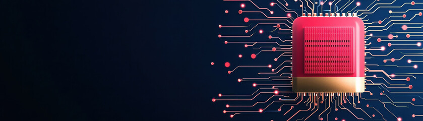 Poster - Abstract capacitor in red and gold on navy blue background, showcasing intricate circuit patterns. This design evokes sense of innovation and technology