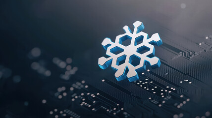 Poster - metallic blue snowflake symbol on circuit board background, representing technology and winter themes. design combines elements of nature and digital innovation, creating unique visual