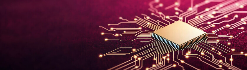 Aufkleber - Abstract circuit diagram in gold over deep burgundy background, showcasing intricate connections and central microchip. This design evokes sense of technology and innovation