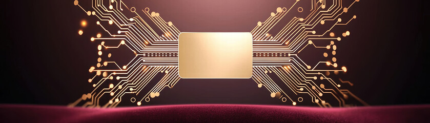 Poster - Abstract circuit diagram in gold over deep burgundy background, showcasing intricate electronic patterns and connections. This design evokes sense of innovation and technology