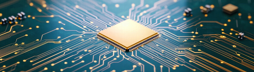 Aufkleber - close up view of golden microchip on green circuit board, showcasing intricate electronic pathways and connections. image conveys sense of advanced technology and innovation