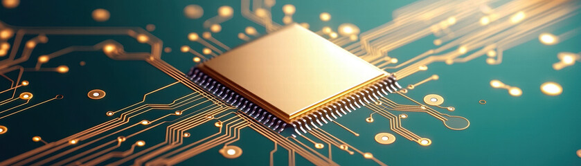 Poster - close up view of golden microchip on green circuit board, showcasing intricate electronic connections and modern technological design