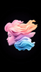 Poster - serene female face with flowing pastel hair in shades of pink and blue, set against black background, evokes sense of calm and beauty