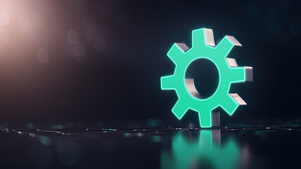 Poster - Glowing green gear symbol on dark background, representing technology and innovation. vibrant color contrasts with sleek surface, creating modern aesthetic