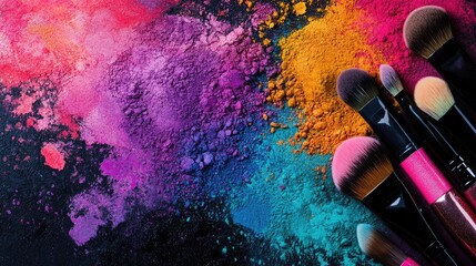 Poster - A vibrant, brightly colored background with powder makeup products and cosmetic brushes, ideal for beauty or cosmetic product promotions.