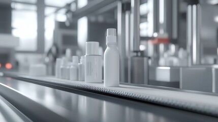 Poster - A white plastic bottle moving along a conveyor belt at an auto capping and labeling machine, showcasing cosmetic industry technology for skincare products.