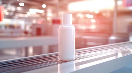 Poster - A white plastic bottle moving along a conveyor belt at an auto capping and labeling machine, showcasing cosmetic industry technology for skincare products.