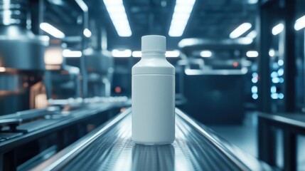 Poster - A white plastic bottle moving on a conveyor belt in a cosmetic manufacturing plant, illustrating auto capping, labeling, and advanced AI machinery.