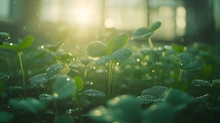 Wall Mural - Dew-kissed clover leaves bathed in morning sunlight.