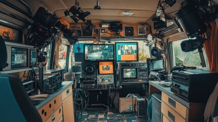 Aufkleber - A wide shot of the interior of an outside broadcasting van, showing equipment like cameras and screens used in live TV production.