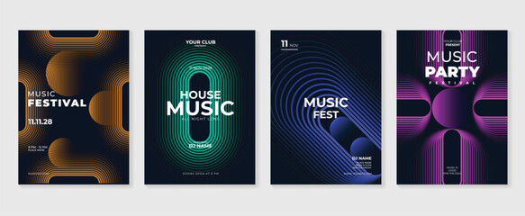 Music poster design background vector set. Electro Sound Cover template with vibrant abstract gradient geometric shape and line wave. Ideal design for social media, flyer, party, music festival, club.