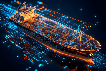 Poster - Digital rendering of an oil tanker ship with futuristic technology overlay.