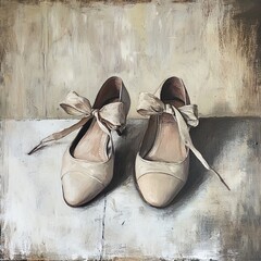 Wall Mural - Elegant Beige Shoes with Ribbon Bow: A Still Life Painting