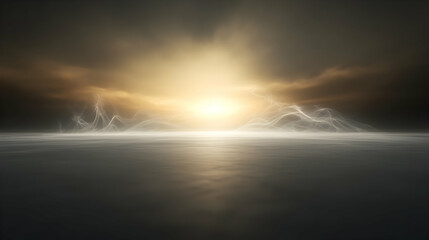 Wall Mural - Dramatic sunset over calm water, ethereal light and fog.