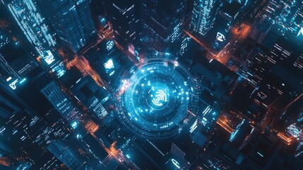 Poster - An aerial perspective of a city with digital connectivity icons, showcasing the integration of wireless technology in a modern, smart city.