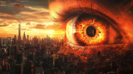 Poster - An imaginative artwork featuring a giant eye watching over a cityscape, with a dramatic orange and red color palette in a fantasy art style.
