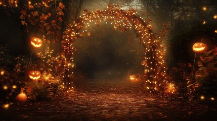 Poster - An inviting autumn arch decorated with glowing lights and garlands, creating a mystical Halloween mood. Ideal for promotional flyers or seasonal invitations.