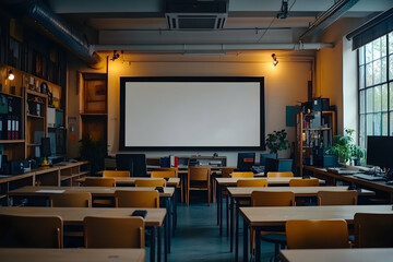 Poster - Empty classroom with projector screen, desks, and bookshelves.