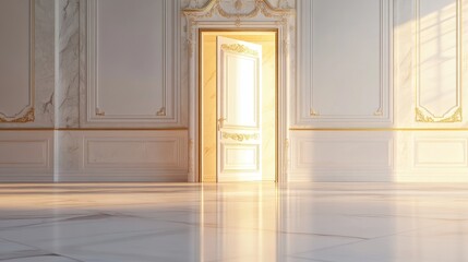 Poster - An open door with golden light streaming through, set in an empty room with white marble floors and gold-trimmed walls. Ideal for luxury or architectural ads.