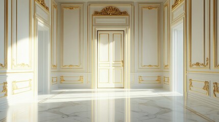 Poster - An open door with golden light streaming through, set in an empty room with white marble floors and gold-trimmed walls. Ideal for luxury or architectural ads.