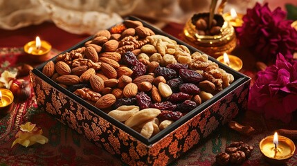 Poster - Brightly decorated Diwali dry fruit gift box with assorted nuts and dried fruits, placed on a rich tablecloth with glowing diyas and floral decorations creating a festive mood.