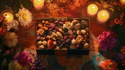 Poster - Brightly decorated Diwali dry fruit gift box with assorted nuts and dried fruits, placed on a rich tablecloth with glowing diyas and floral decorations creating a festive mood.