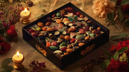 Poster - Brightly decorated Diwali dry fruit gift box with assorted nuts and dried fruits, placed on a rich tablecloth with glowing diyas and floral decorations creating a festive mood.