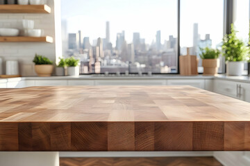 Poster - Empty wooden kitchen counter top with city view.