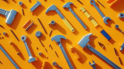 Poster - Flat lay arrangement of essential construction tools such as hammers, wrenches, and pliers, with scattered screws and nails, creating a dynamic, copy-ready scene.