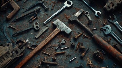 Poster - Flat lay arrangement of essential construction tools such as hammers, wrenches, and pliers, with scattered screws and nails, creating a dynamic, copy-ready scene.
