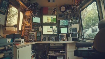 Aufkleber - Inside an outside broadcasting van, showcasing broadcasting equipment, screens, and cameras used for live transmissions.