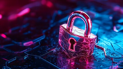 Poster - Futuristic Lock on Digital Background with Neon Highlights