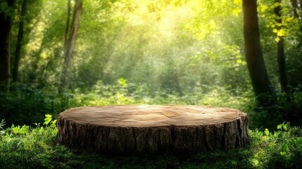 Poster - Wooden stump set in a vibrant green forest with morning light filtering through, providing a natural backdrop for product displays in the heart of nature.