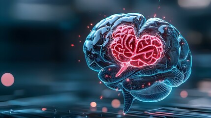 Poster - Futuristic Brain Design with Heart Shape in Neon Glow
