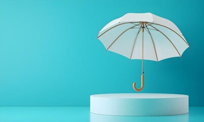 Poster - White Umbrella Hanging Over Round Display Platform on Blue Background