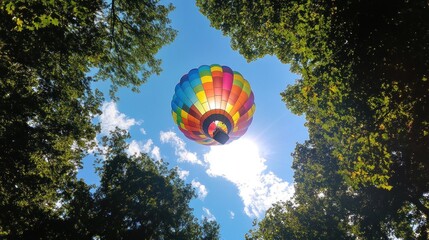 Colorful hot air balloon seen through tree canopy on a sunny day.