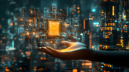 Poster - Futuristic city chip in hand.