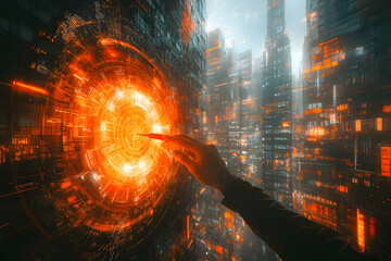 Poster - Futuristic city interface, hand interacts with glowing digital display.