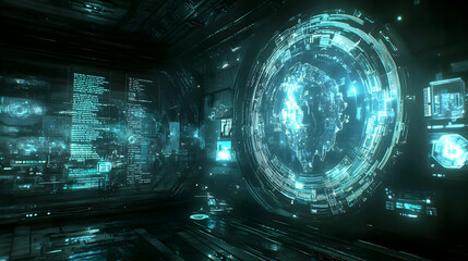 Poster - Futuristic digital globe interface in dark room.