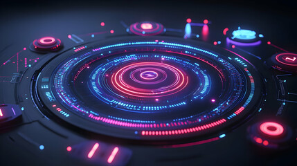 Poster - Futuristic glowing circular interface with vibrant neon lights and digital elements.